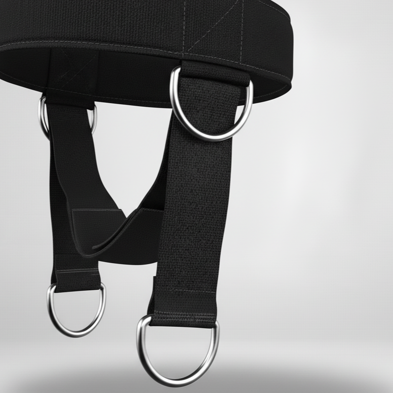 Détail du Strike Edge Neck Harness – Harnais de nuque avec sangle renforcée et anneaux métal | Detail of Strike Edge neck harness with reinforced strap for fitness and recovery