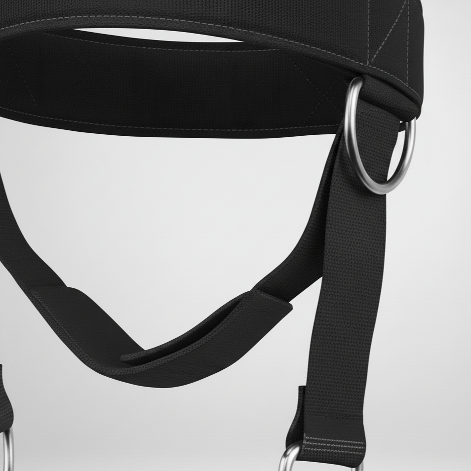 Détail du Strike Edge Neck Harness – Harnais de nuque avec sangle renforcée et anneaux métal | Detail of Strike Edge neck harness with reinforced strap for fitness and recovery