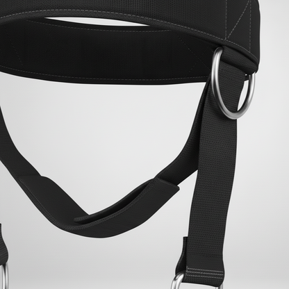 Détail du Strike Edge Neck Harness – Harnais de nuque avec sangle renforcée et anneaux métal | Detail of Strike Edge neck harness with reinforced strap for fitness and recovery