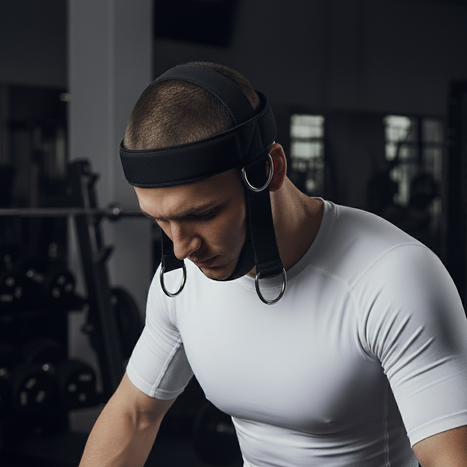 Strike Edge Neck Harness – Harnais de nuque porté par un athlète, musculation et récupération | Athlete using Strike Edge neck harness for sports training and recovery